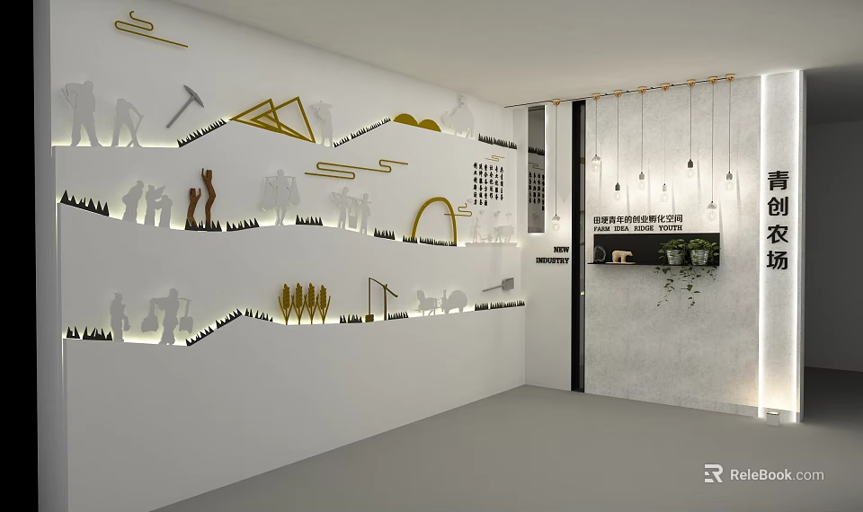 Modern Interior Decorative Wall With Silhouette Figures Geometric Patterns And Hanging Lamps 3d model 
