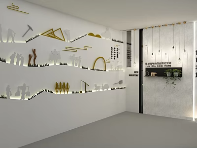 Modern Interior Decorative Wall With Silhouette Figures Geometric Patterns And Hanging Lamps 3d model