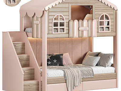 Kids House Shaped Bunk Bed with Pink Frame Wooden Accents Staircase and Storage Drawers 3d model