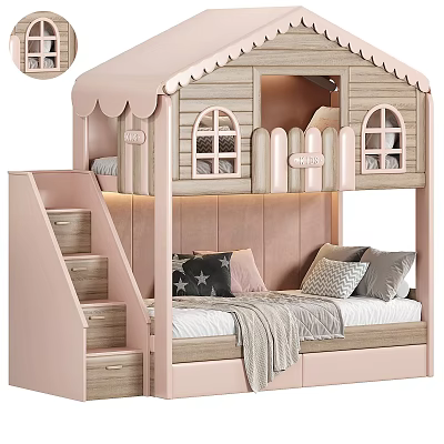Kids House Shaped Bunk Bed with Pink Frame Wooden Accents Staircase and Storage Drawers 3d model