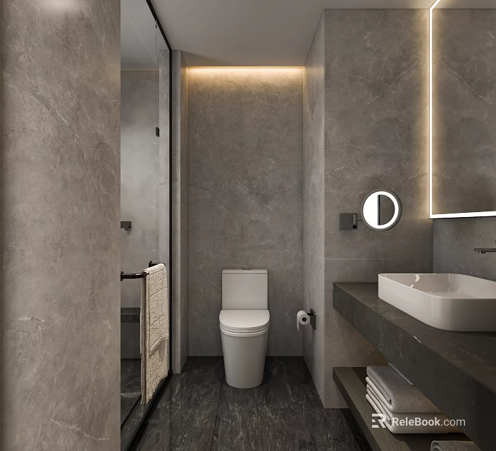 Modern Hotel Bathroom Interior With Gray Walls White Toilet Round Mirror And Vanity 3d model 