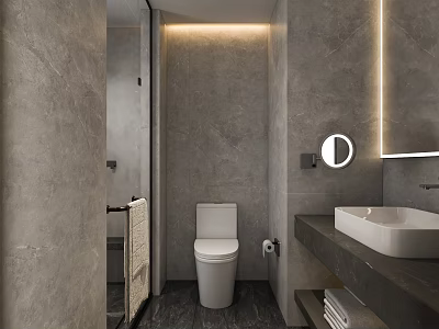 Modern Hotel Bathroom Interior With Gray Walls White Toilet Round Mirror And Vanity 3d model