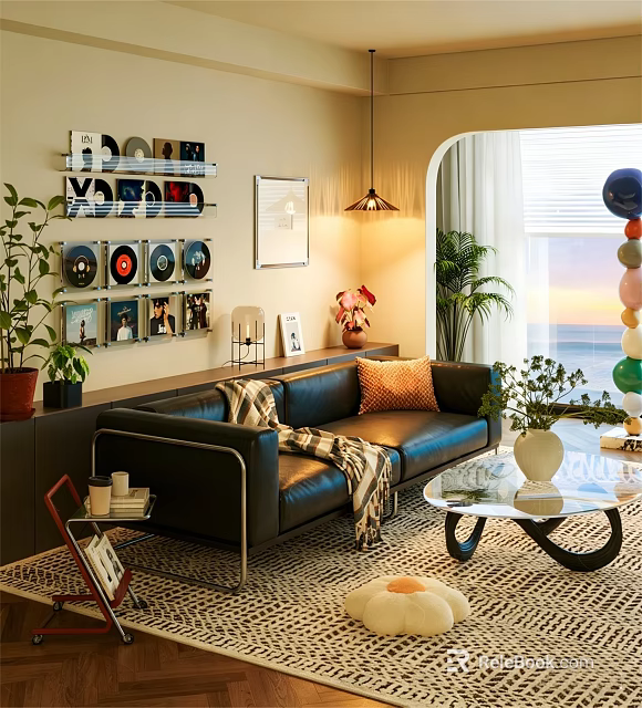 Modern Living Room Interior With Black Leather Sofa Orange Cushion Blanket And Glass Coffee Table 3d model 