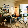 Modern Living Room Interior With Black Leather Sofa Orange Cushion Blanket And Glass Coffee Table