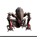 Fantasy Creature With Large Open Mouth And Red Muscular Interior Surrounded By Smaller Creatures