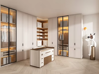 Modern Walk-in Closet Interior With Glass Doors White Cabinets Built-in Lighting And Central Drawer Cabinet 3d model