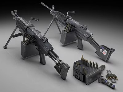 Military Machine Guns With Tripod Stands Ammunition Magazines And Bullets 3d model