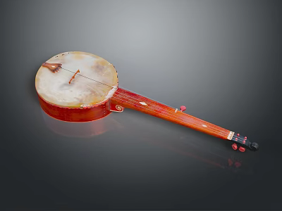 Traditional Chinese Musical Instrument With Round Soundbox Red Wooden Body Wooden Neck Strings And Tuning Pegs 3d model