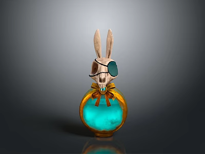 Rabbit Themed Decorative Figurine With Long Ears Eyepatch Blue Glowing Base Golden Bow And Gemstone Accent 3d model