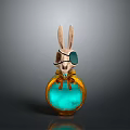 Rabbit Themed Decorative Figurine With Long Ears Eyepatch Blue Glowing Base Golden Bow And Gemstone Accent
