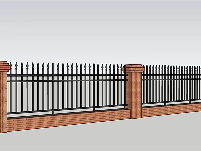 Modern Building Exterior Wall With Red Brick Base And Black Iron Spiked Fence 3d model