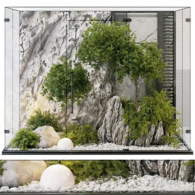 Lush Green Shrubs with Rocky Accents and White Spheres in Decorative Landscape 3d model 