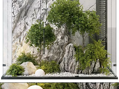 Lush Green Shrubs with Rocky Accents and White Spheres in Decorative Landscape 3d model
