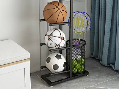 Multifunctional Sports Equipment Storage Rack with Basketball Soccer Ball Volleyball Badminton Rackets and Tennis Balls 3d model