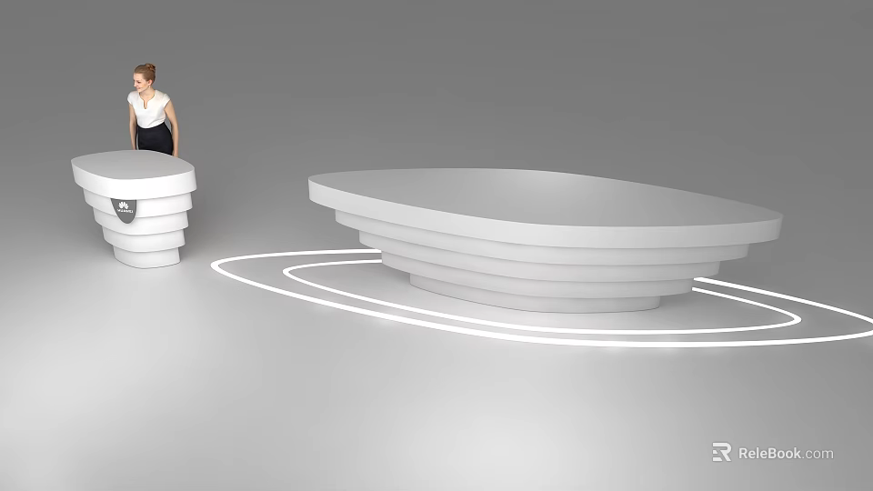 Modern White Reception Desk With Layered Structure And Illuminated Lines Near Receptionist 3d model 