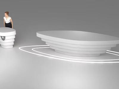 Modern White Reception Desk With Layered Structure And Illuminated Lines Near Receptionist 3d model