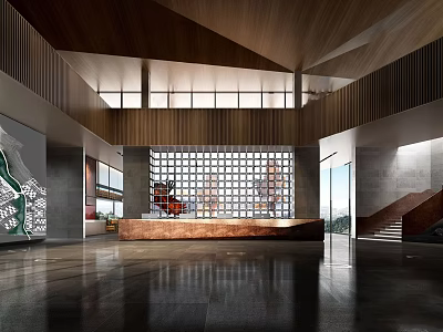 Spacious Modern Hotel Lobby With Wooden Ceiling Large Windows Staircase And Reception Desk 3d model