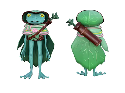Green Aquatic Frog Character With Leaf Cloak And Quiver Front Back Views 3d model