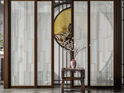 Chinese Style Interior Design With Wooden Frame Sliding Doors And Geometric Glass Patterns 3d model