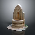 Traditional Stone Fountain Design With Arched Top Circular Base And Water Marks