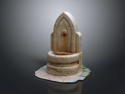Traditional Stone Fountain Design With Arched Top Circular Base And Water Marks 3d model