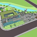 Modern Sales Office Building with Surrounding Trees Water Feature and Green Walkways