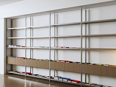 Modern Metal Frame Bookcase With Wooden Cabinet And Multiple Shelves For Books Storage 3d model