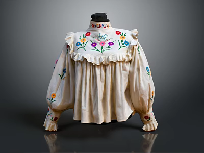 Elegant Beige Blouse With Floral Embroidery Ruffled Collar And Cuffs Design 3d model
