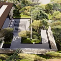 Garden Landscape Design With Lush Trees Green Lawn Geometric Paths And Paved Areas