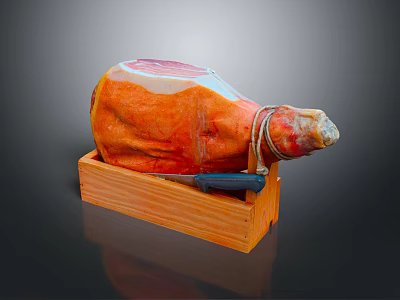 Whole Pig Leg Ham in Wooden Box with Sharp Knife on 3d model