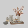 Modern Bath And Body Products Display With Ceramic Bottles Jars On Tray And Decorative Vase