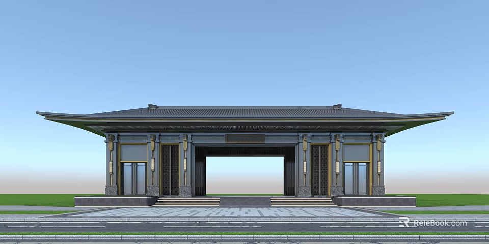 Traditional Chinese Entrance Gate With Classic Design Ornate Columns Sloped Roof And Stone Steps 3d model 