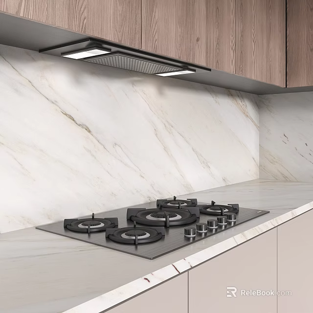 Modern Black Gas Stove On Marble Countertop With White Marble Wall And Wooden Cabinets 3d model 