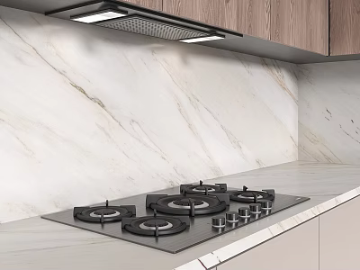 Modern Black Gas Stove On Marble Countertop With White Marble Wall And Wooden Cabinets 3d model