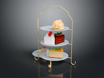 Three Tier Gold Metal Stand Displaying Assorted Desserts Cake Slices Ice Cream And Fresh Strawberry 3d model