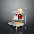 Three Tier Gold Metal Stand Displaying Assorted Desserts Cake Slices Ice Cream And Fresh Strawberry