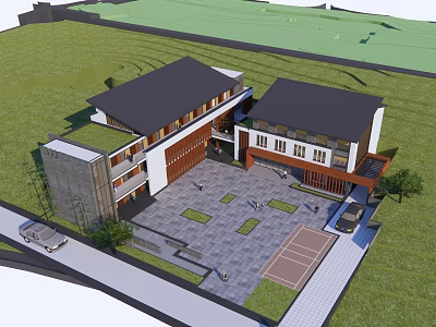 Traditional Chinese Two Story Architecture With Stone Paved Courtyard Dark Roof And Green Lawn 3d model