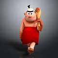 3D Cartoon Style Sculpture Carving Character in Red Garment Holding Wooden Mallet With Black Topknot