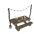 Wooden Outdoor Table With Bench And String Lights For Garden Dining Decor
