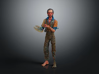 Man Holding Palette Wearing Painted Overalls Standing Barefoot Against Gray Background 3d model
