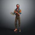 Man Holding Palette Wearing Painted Overalls Standing Barefoot Against Gray Background