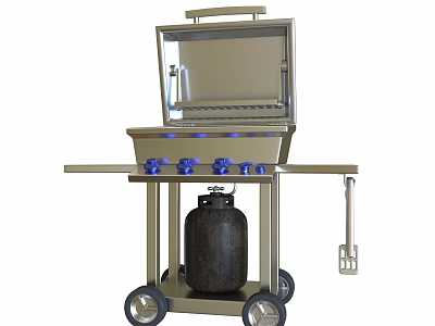 Stainless Steel Outdoor Grill Cart With Blue Knobs Gas Tank And Wheels 3d model