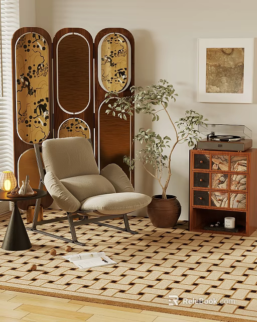 Single Seater Sofa In Modern Living Room With Potted Plant Wooden Cabinet And Woven Rug 3d model 