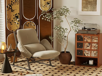Single Seater Sofa In Modern Living Room With Potted Plant Wooden Cabinet And Woven Rug 3d model