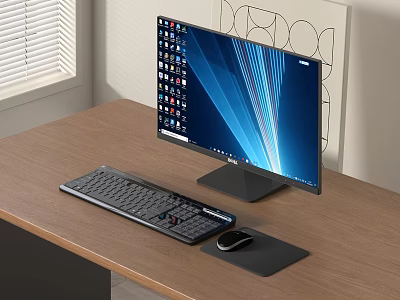 Minimalist Desktop Computer Setup With Monitor Keyboard Mouse On Wooden Desk 3d model