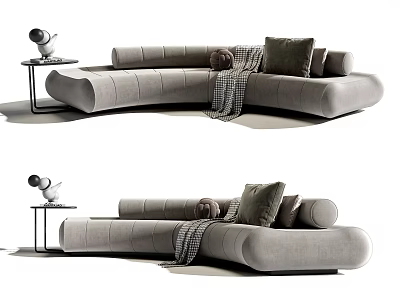 Elegant Modern Gray Curved Sectional Sofa With Pillows Blanket And Side Table Lamp 3d model