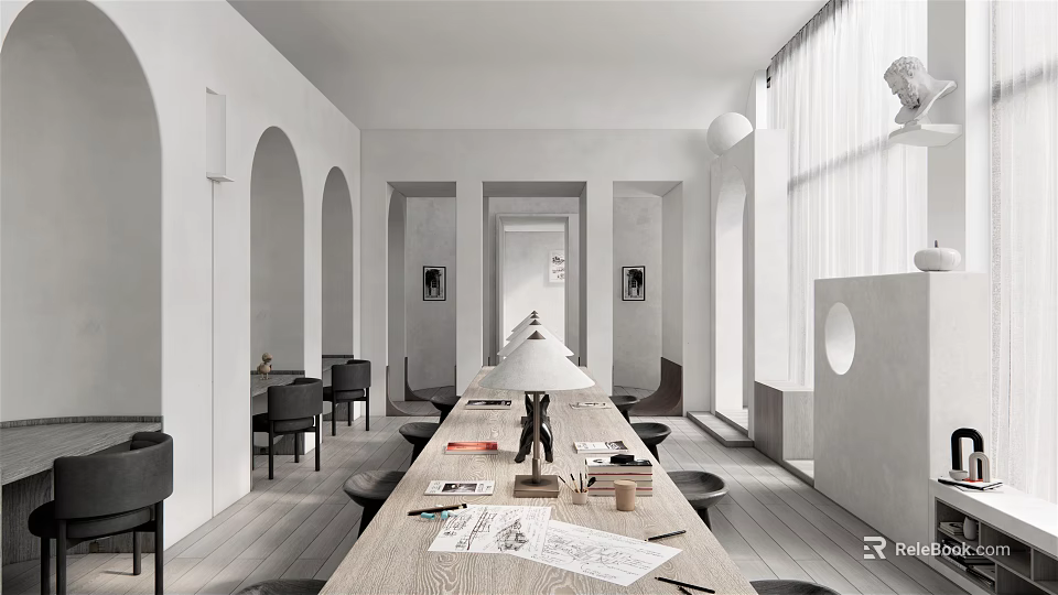 Modern Public Office Space With Wooden Table Black Chairs Arched Doorways And Desk Lamp 3d model 