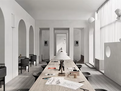 Modern Public Office Space With Wooden Table Black Chairs Arched Doorways And Desk Lamp 3d model
