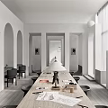 Modern Public Office Space With Wooden Table Black Chairs Arched Doorways And Desk Lamp