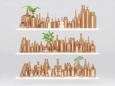 Golden Decorative Ceramic Vessels Arranged on Multiple White Shelves with Green Plants 3d model